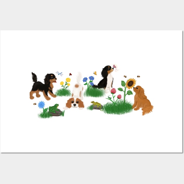 Four Cavalier King Charles Spaniels in a Field of Flowers Wall Art by Cavalier Gifts